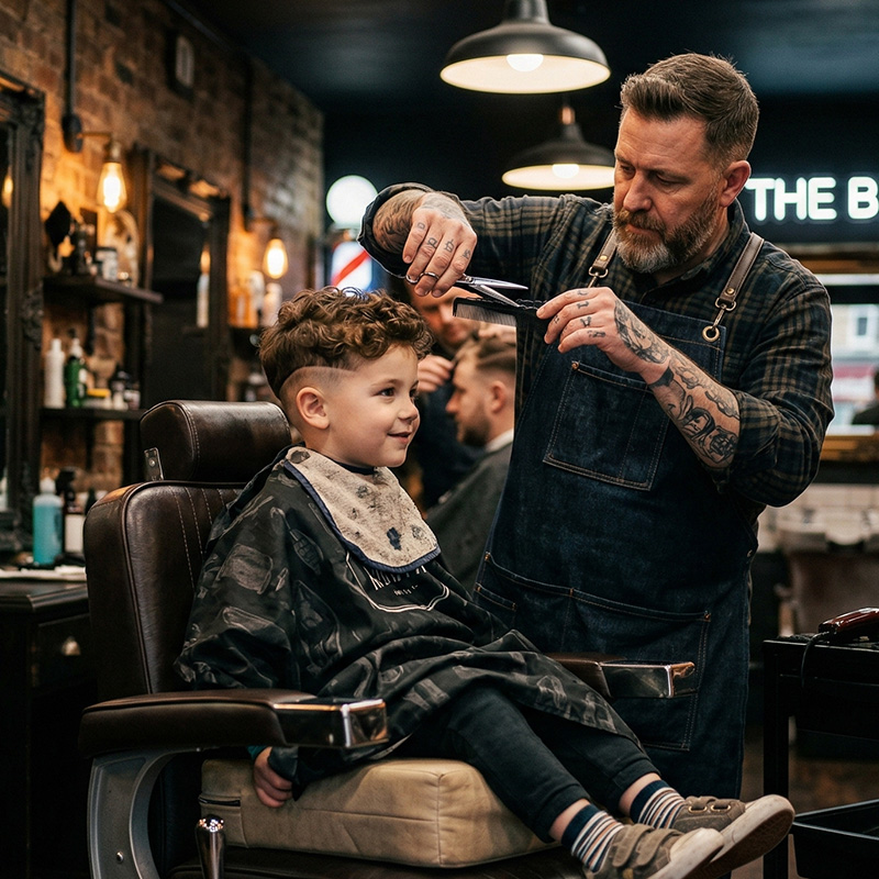 Dziecko siedzące na fotelu barberskim w Joker Barber Rzeszów podczas strzyżenia