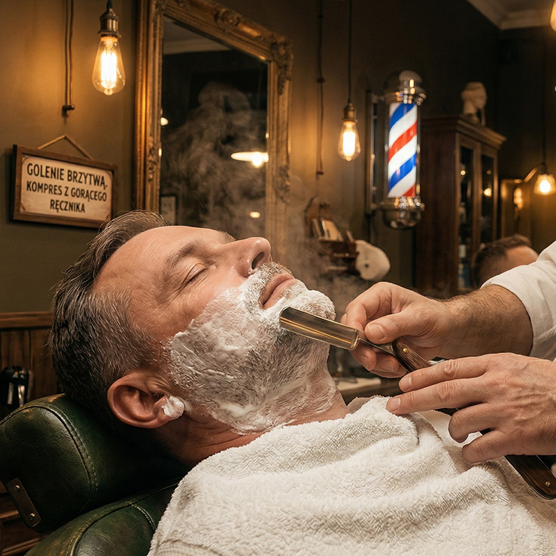 Klasyczne golenie brzytwą w Joker Barber Rzeszów z gorącym ręcznikiem